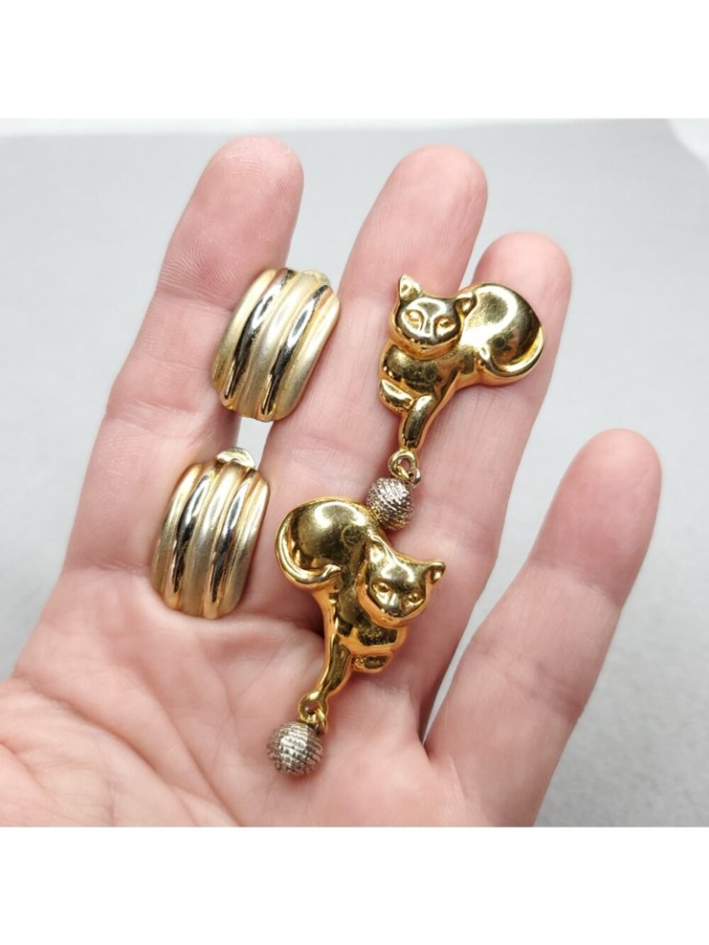 Vintage Clip On Earring Lot Gold Tone Pink White Faux Pearl Kitty Cat MOP 6 pr - Picture 6 of 8